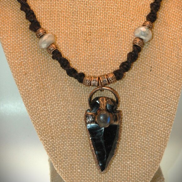 Copper-Toned Obsidian Arrowhead with Moonstone on 23" Handmade Black Hemp Chain - Picture 1 of 6